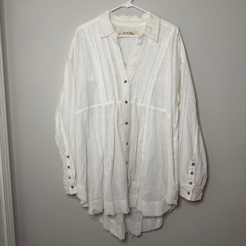 Free People We The Free Ivory Gauze Button Down Tunic Top Boho Womens L NEW